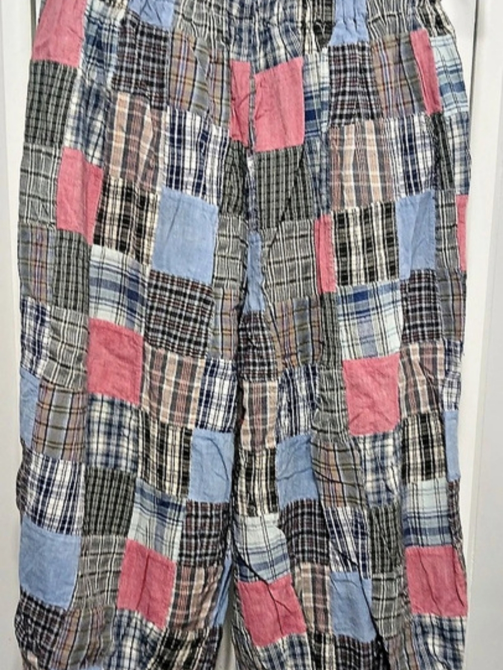 Halloween HOBO clown Women's Plaid Patchwork Platoon Pants in Blue & Pink